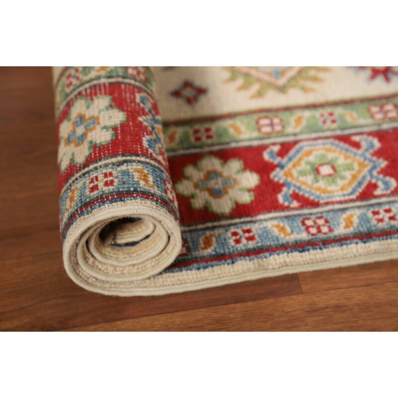 Beige Geometric Kazak Foyer Rug Handmade Wool Carpet - 2'9"x 4'0"
