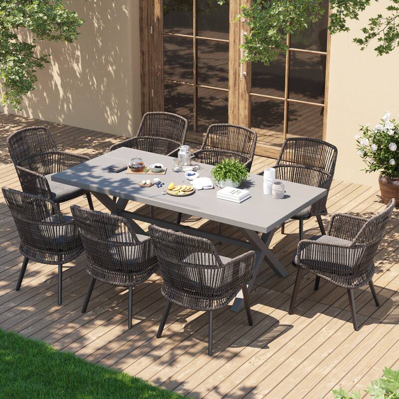 Outdoor Patio Dining Sets with PE Wicker Chairs and X-leg Aluminum Dining Table for 8 Persons - Dark Grey