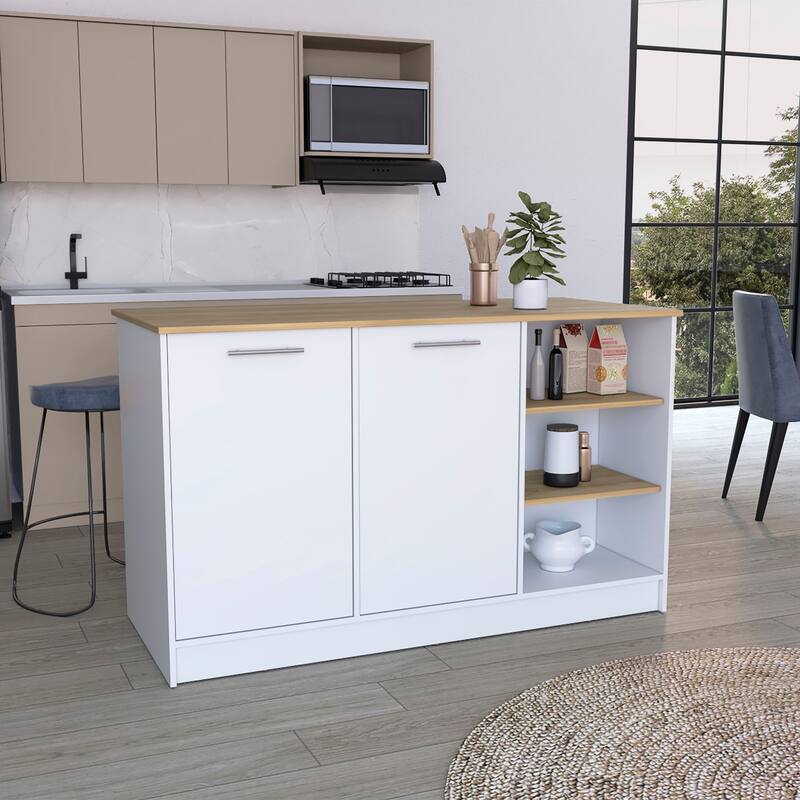 White/Dark Brown Kitchen Island with 3 Open Shelves, 2 Cabinets, Spacious Countertop