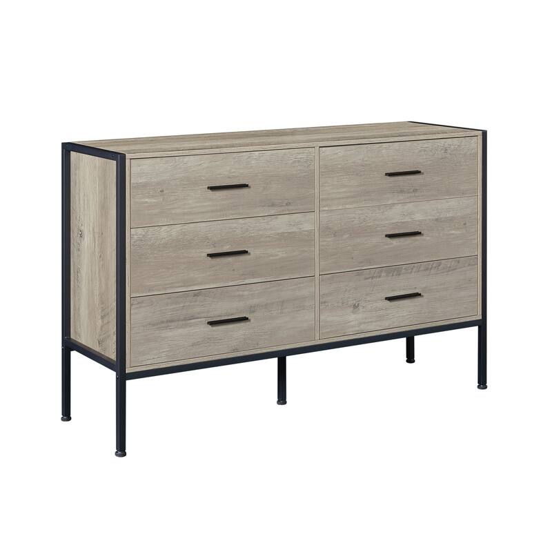 Wood Dresser with 6 Drawers, Solid Clothes Cabinet with Sturdy Steel Frame, 48.58"W×15.75"D×31.22"H, 48 inch, Rustic Grey