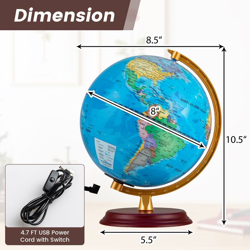 Gymax 8 Inch Illuminated World Globe Night Light up Globe Lamp Wooden