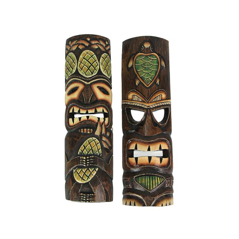 20 Inch Wood Tiki Wall Mask Pineapple And Sea Turtle ( Set Of 2)