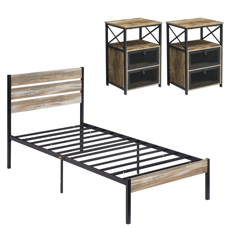 Javlergo 3 Pieces Bedroom Set Include Bed Frame & Set of 2 Nightstand