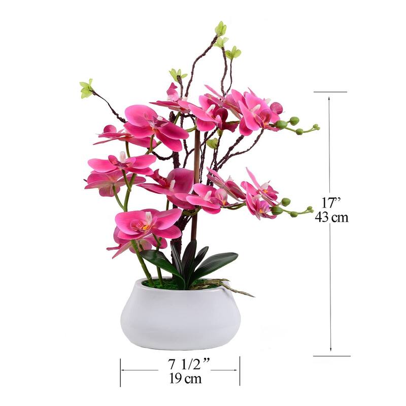 Artificial Orchid Plants and Flowers with Vase, Fake Faux Orchid in Ceramic Pot,17", Fuchsia