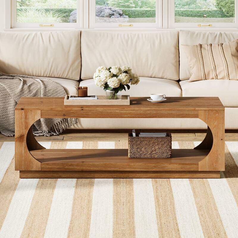 Rectangular Solid Wood Coffee Table with Storage for Living Room