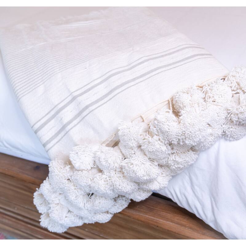 Handwoven Moroccan Blanket with Pom Pom in Cream and Grey