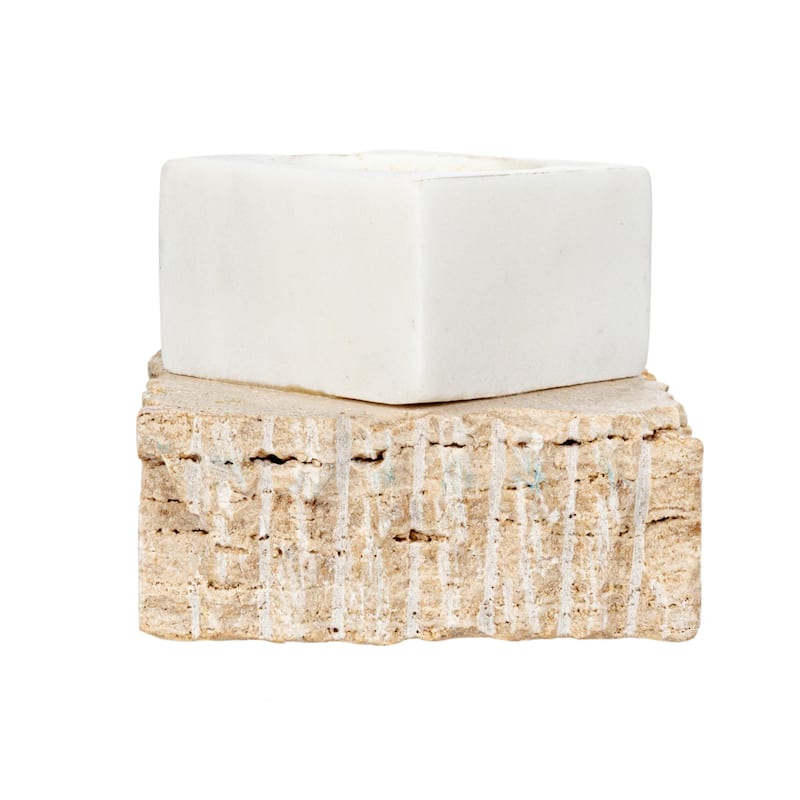 Decorative Marble and Travertine Candle Holder - 3.3"L x 3.3"W x 2.5"H