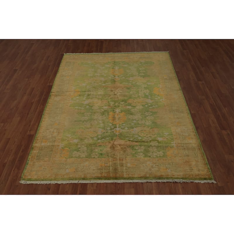 Hand Knotted Oriental 100% Wool Carpet Transitional Floral Green Oushak Area Rug - 8' 5'' X 5' 11''