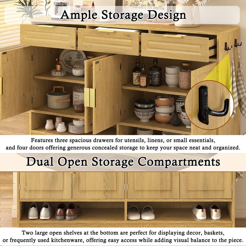 Multi-Functional Storage Buffet with 3 Drawers & 4 Doors, Sideboard with Adjustable Shelf and Open Storage Compartments