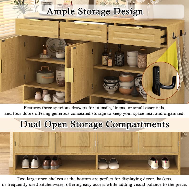 Sideboard with 4 Doors & 3 Drawers, Buffet Cabinet with Adjustable Shelf & Open Shelf, Multi-Functional Wooden Storage Cabinet