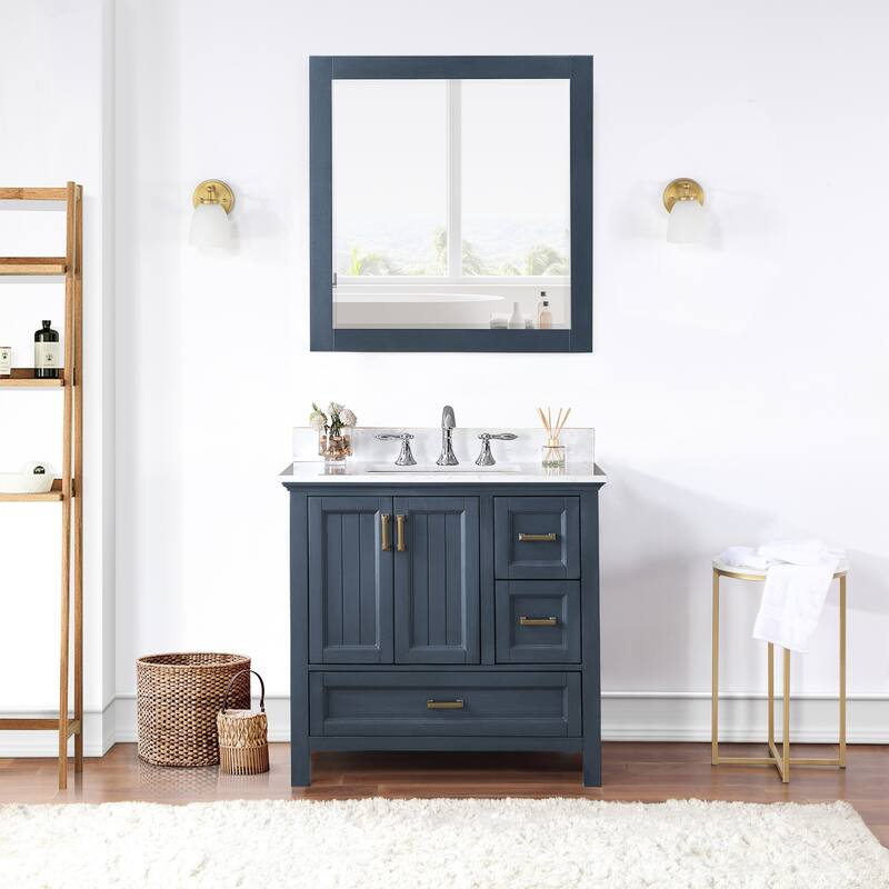 Altair Isla Single Bathroom Vanity Set and Aosta White Countertop with Mirror - 36 - Classic Blue + Brushed Brass Hardware