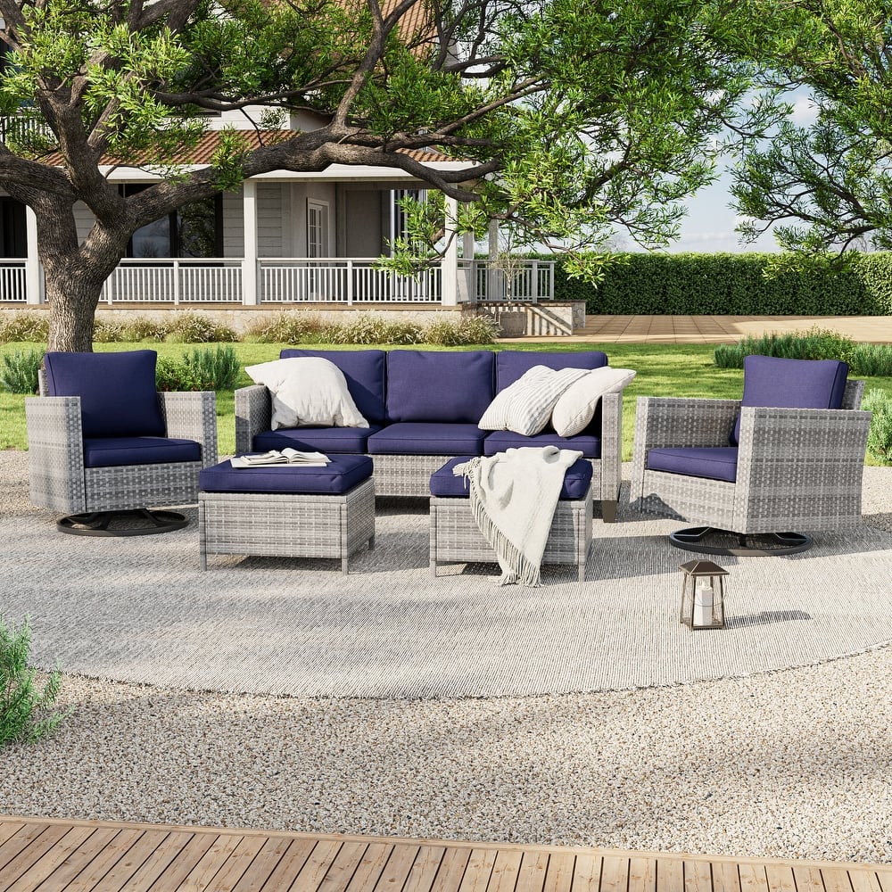LIVOOSUN 5Pcs Patio Gray Rattan Outdoor Furniture Swivel Rocking Sofa Set