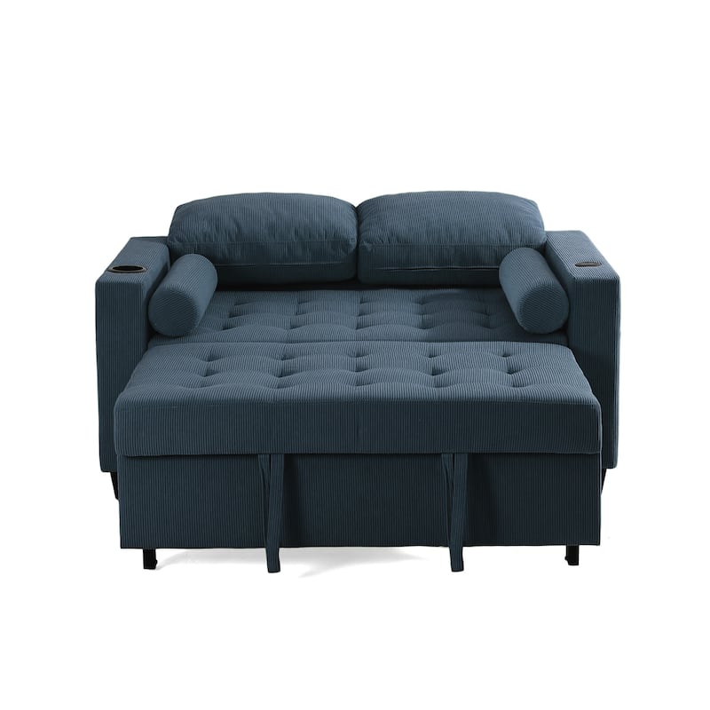 2 Set Corduroy Convertible Sleeper Sofa Bed Loveseats with Cup Holder, USB Ports & Storage