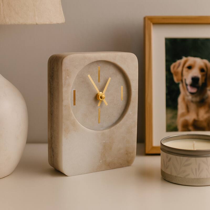 Modern Stone and Marble Clock with Contemporary Design - Beige