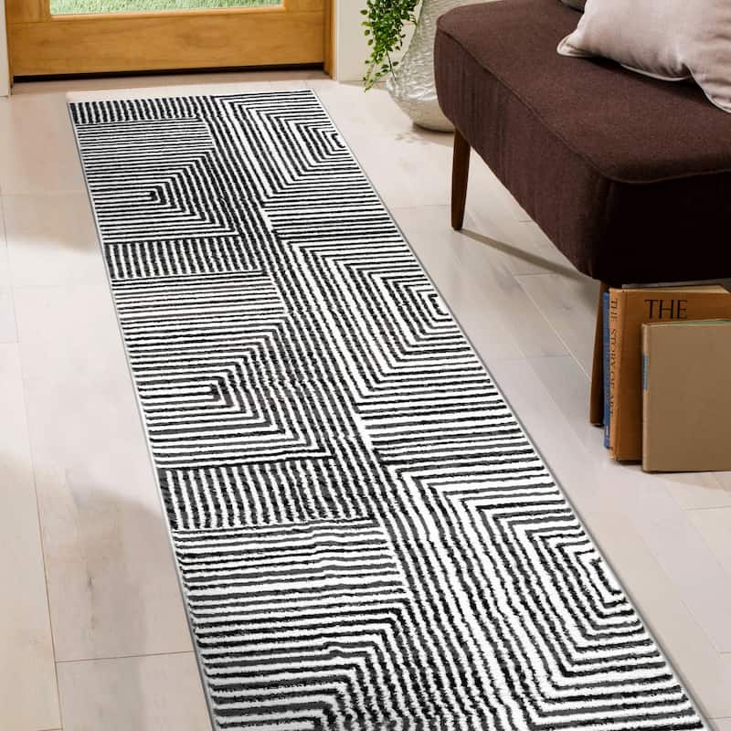 Cream Black Modern Maze Stylish and Durable Area Rug - 2' 3" x 8'