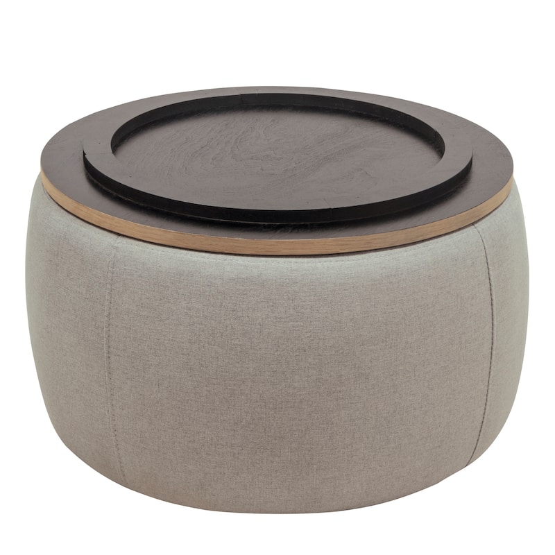 Round Storage Ottoman, Upholstered Coffee Table with Wooden Reversible Lid, 2 in 1 Function Foot Stool for Living Room, Office