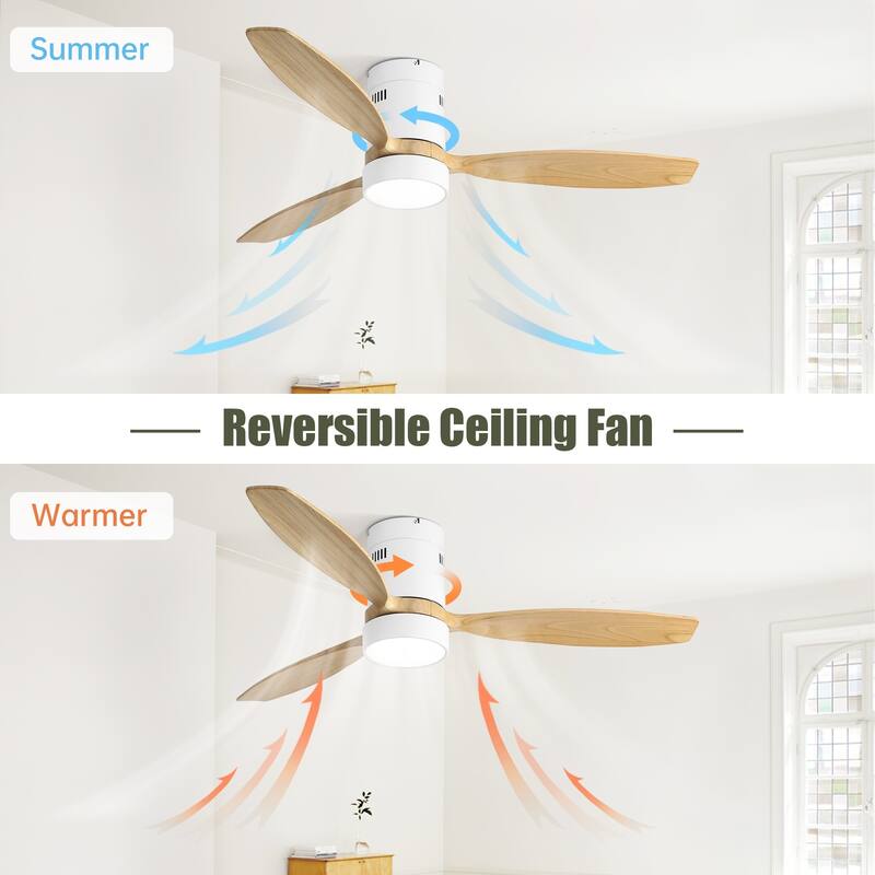 52″ White Flush-Mount Wooden Ceiling Fan with LED Light & Remote - 52