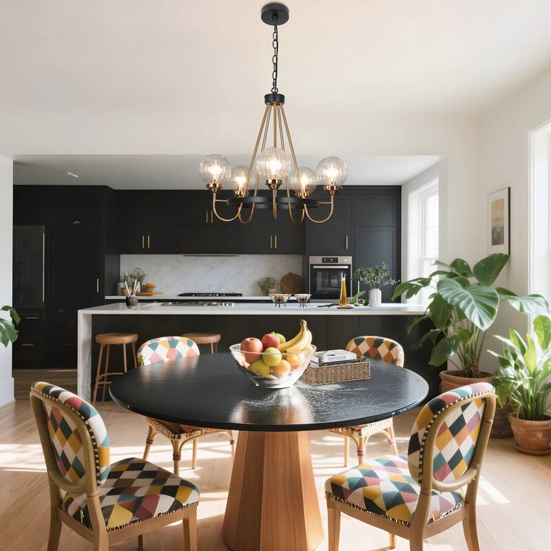 Modern 5-Light Black Gold Wagon Wheel Chandelier Glass Pendant Light for Dining Room - 22" D x 21.5" H