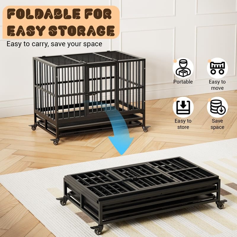 Heavy Duty Dog Crate withDouble Door Wheels ChewProof Metal Kennel for Small Dogs Easy to Assemble