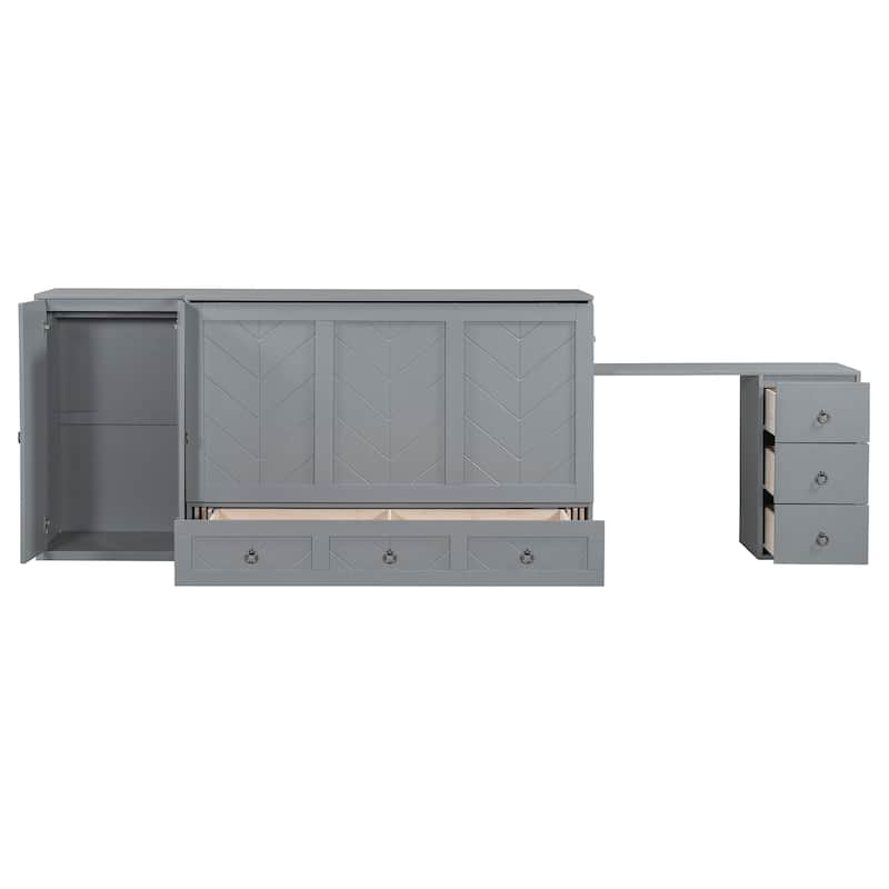 Queen Size Murphy Bed with USB Port, Large Drawer, and Wardrobe/Desk Combo - Versatile Gray Cabinet Bed