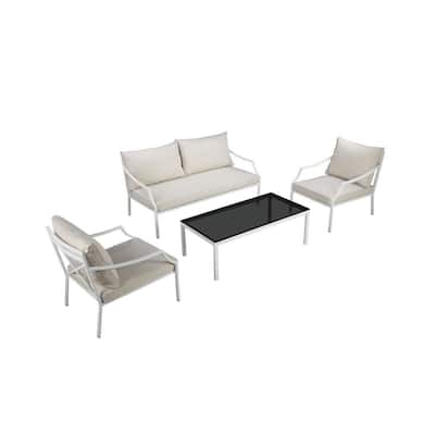 3 Piece Outdoor Sofa Set with Table, Beige and White