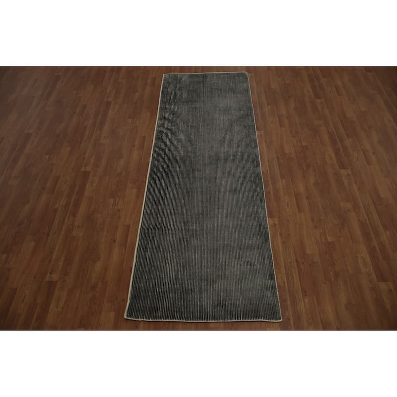 Hand Knotted Oriental Silk Carpet Modern Contemporary Greys & Charcoal Contemporary Runner Rug - 9' 0'' X 3' 1''