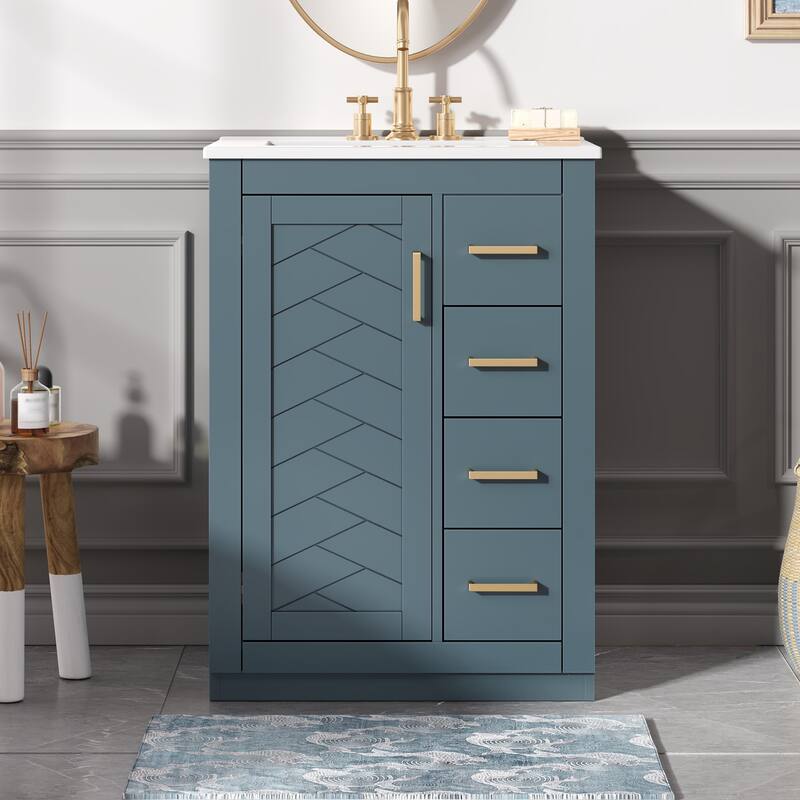 24" Bathroom Vanity with Integrated Ceramic Sink, Bathroom Cabinet with 1 Door, 3 Drawers, Single Sink Bathroom Vanity