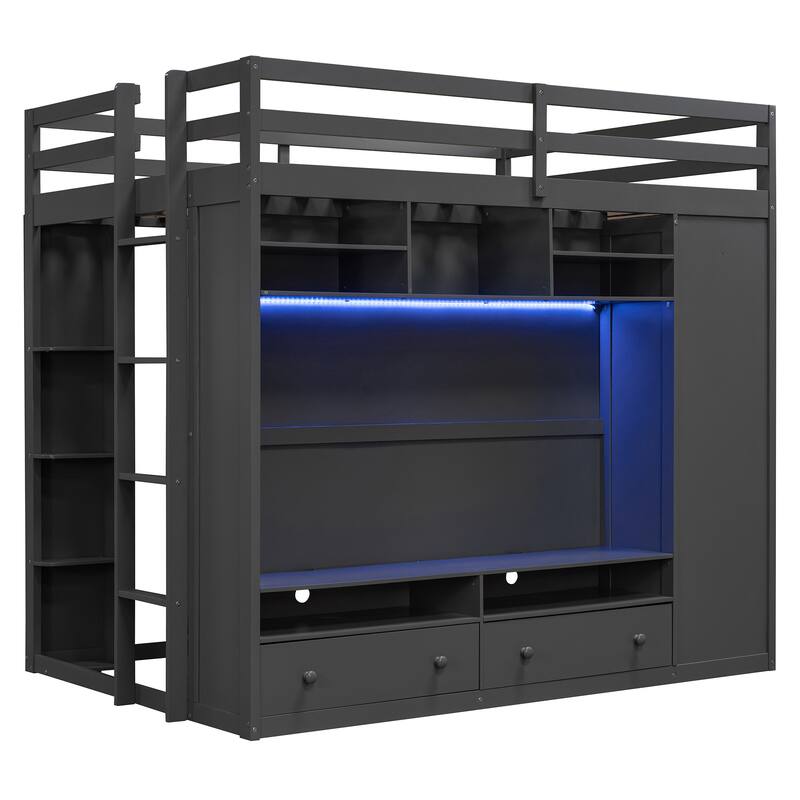 Full Size Loft Bed with TV Stand and Drawers, Teens Kids Storage Bed Frame with Shelves, Wardrobe and LED Light