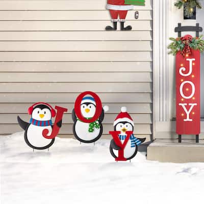Glitzhome 42"H Christmas Metal "JOY" Penguin Yard Stake or Wall Decor - Multi-color