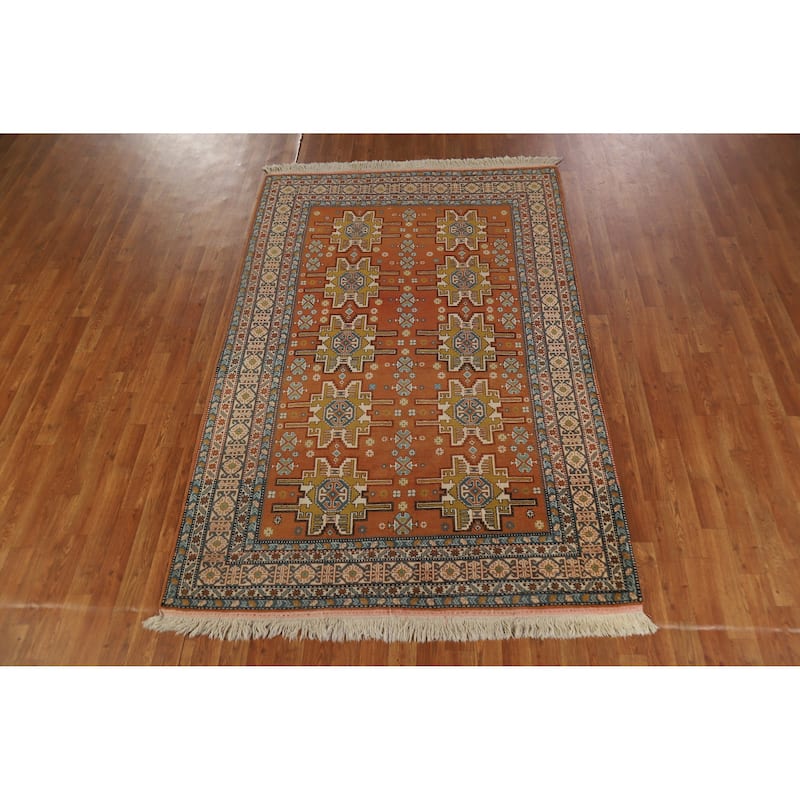 Hand Knotted Oriental 100% Wool Carpet Traditional Geometric Oranges & Rust Sumak Area Rug - 7' 6'' X 4' 10''