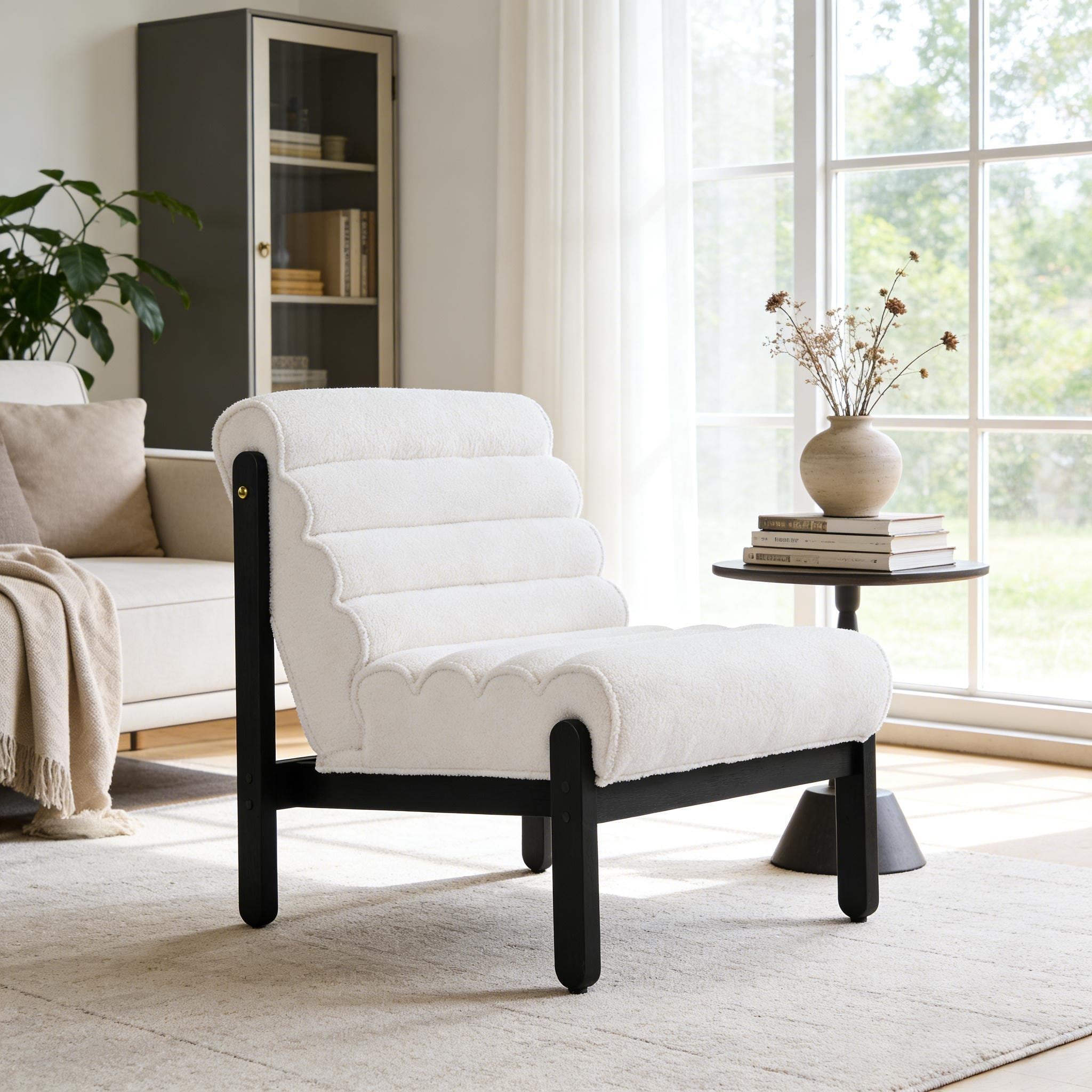 Fluffy Accent Chair White with Black Solid Wood Frame