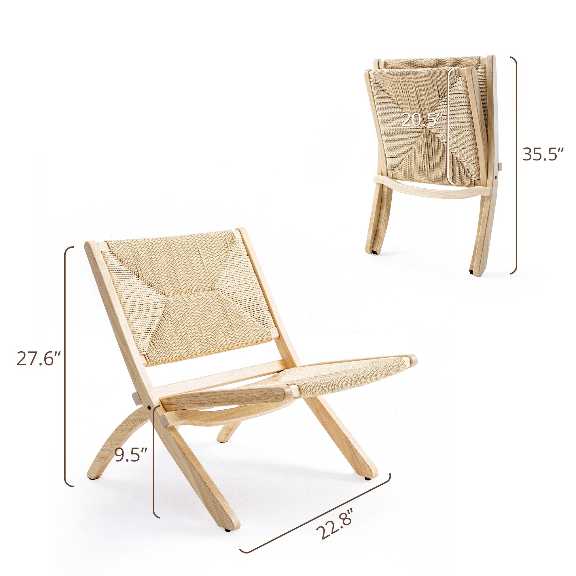 1 2Pcs Folding Accent Chairs Natural Wood Chair Weave Paper Rope Boho Recline Chair for Bedroom Living Room Patio Garden