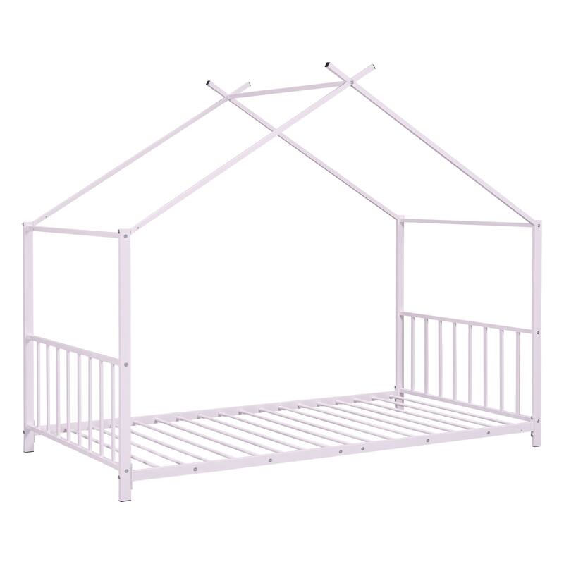 Twin Size Metal House Platform Bed, Pink