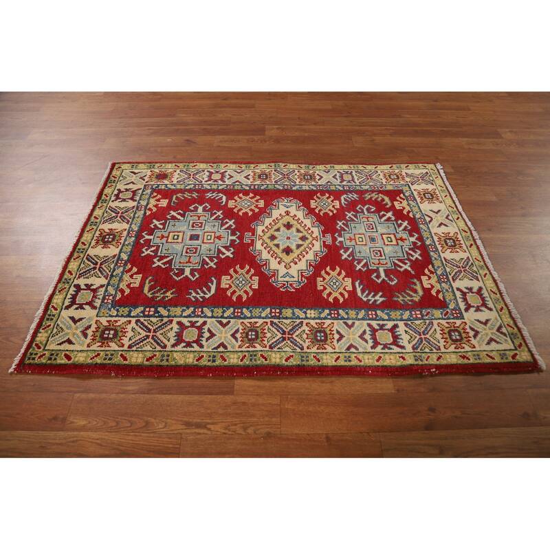 Red Kazak Foyer Rug Handmade Geometric Wool Carpet - 2'9"x 3'11"