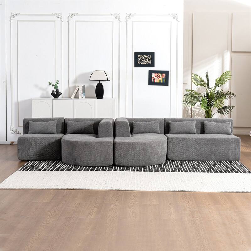 Convertible Sectional Sofa with 2 Curved Chaise Lounges, 143.7" Upholstered Sofa Free-combined Sofa Couch with 5 Back Pillows