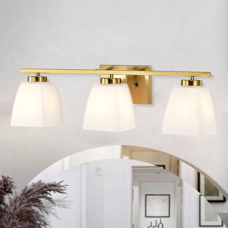 Brushed Nickel/Matte Black/Gold Modern 3-Light Vanity Light with Square Etched White Glass Shades - Gold