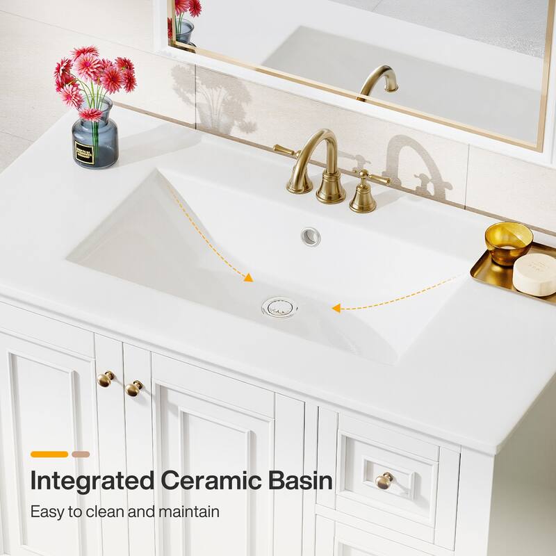 Modern Freestanding Solid Wood Bathroom Vanity with Ceramic Sink, Adjustable Shelf Storage