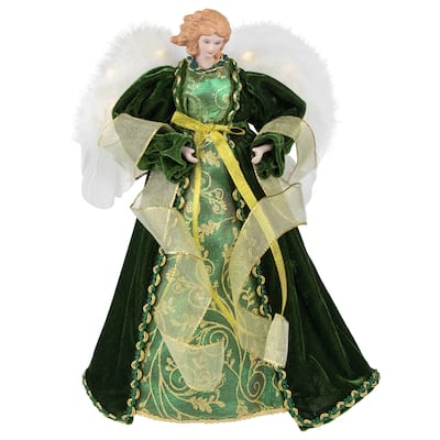 14" Green and Gold Angel with Lighted Wings Christmas Tree Topper - 14