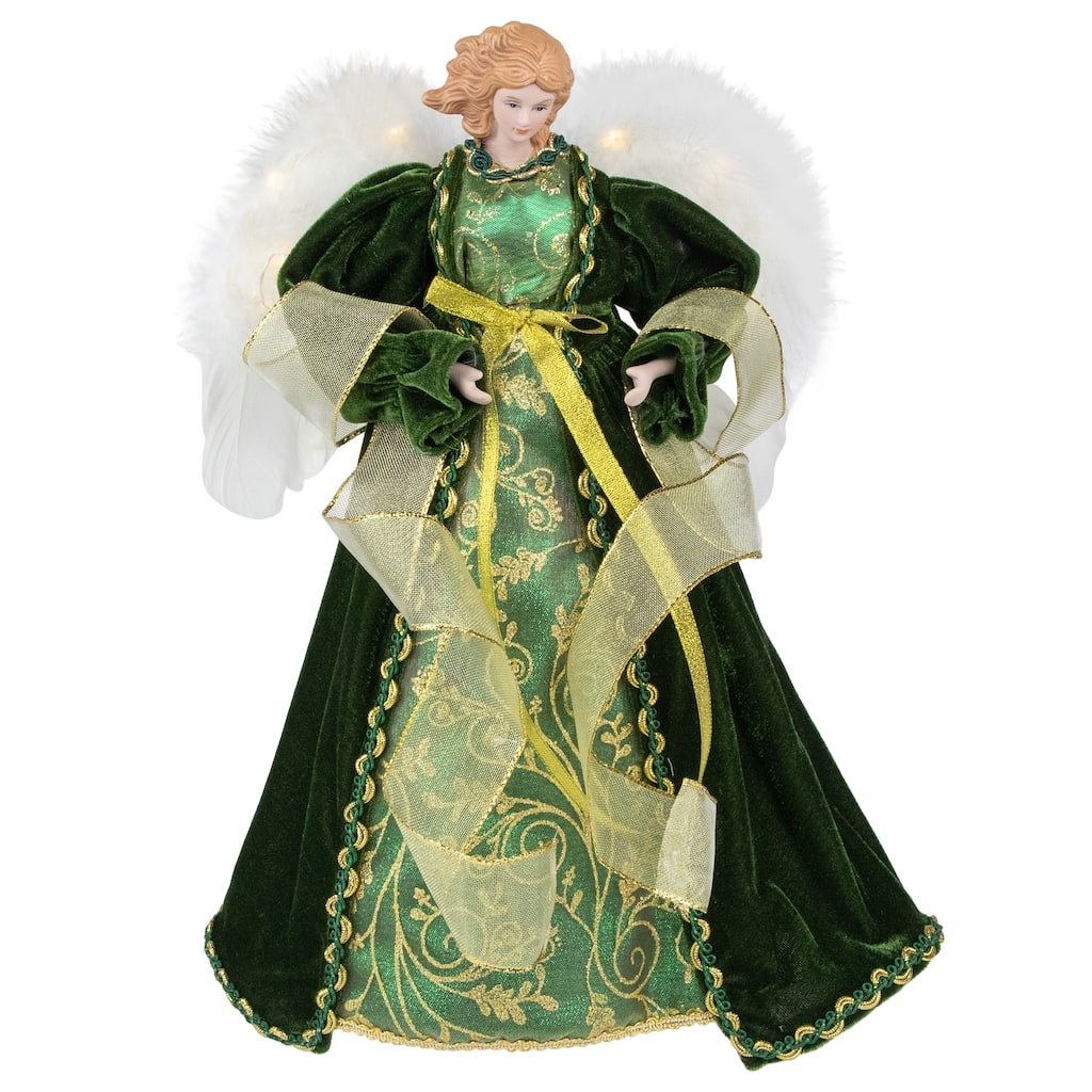 14" Green and Gold Angel with Lighted Wings Christmas Tree Topper - 14