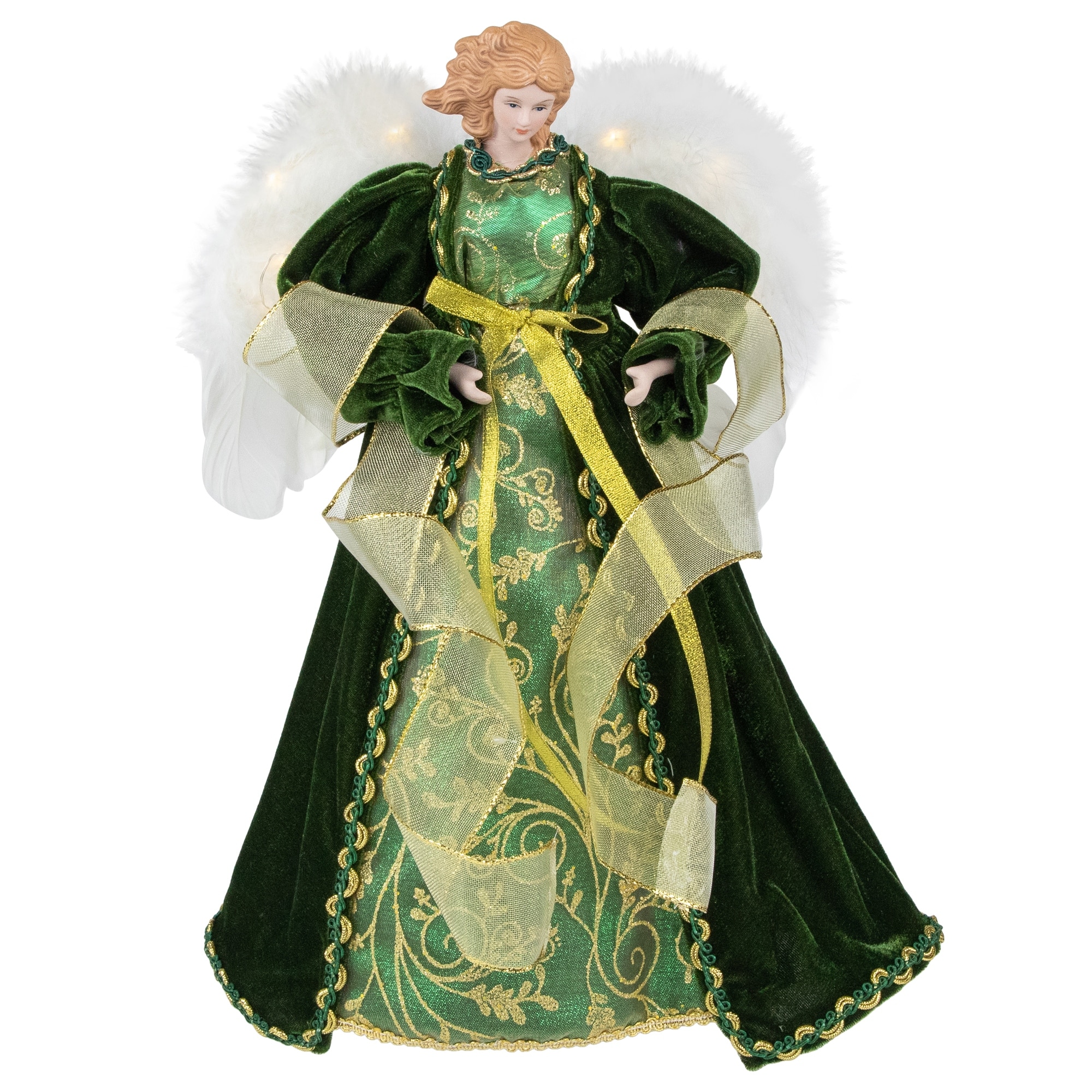 14" Green and Gold Angel with Lighted Wings Christmas Tree Topper - 14