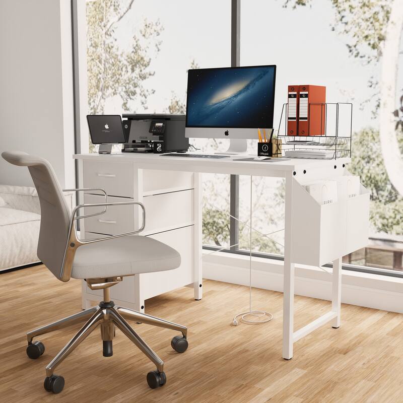 Computer Desk with 3 Drawers & Power Outlet, Home Office Desk with Side Pocket, Multifunctional Study Desk Gaming Desk - White