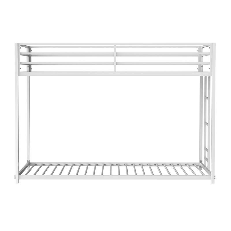 Twin Over Twin Metal Low Bunk Bed with Attached Ladder and Full Metal Construction