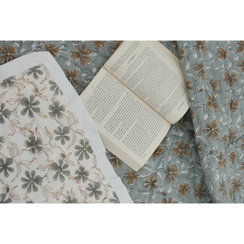 Fabdivine Artisan Handmade 100% Cotton Quilt - Brown Green Floral Block Print, Reversible Bohemian Bedding for Home