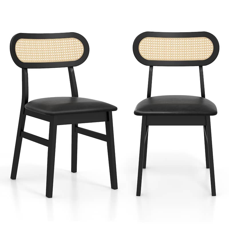 Set of 2 Modern Dining Chairs with Rattan Back and Waterproof PU Cushion Rubber Wood Legs - 19.5" x 19" x 31" (L x W x H)
