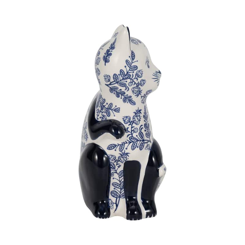 Ceramic Cat Sculpture Contemporary Vintage Style Chinoiserie Blue and White Floral Cat Statue Cat Lover