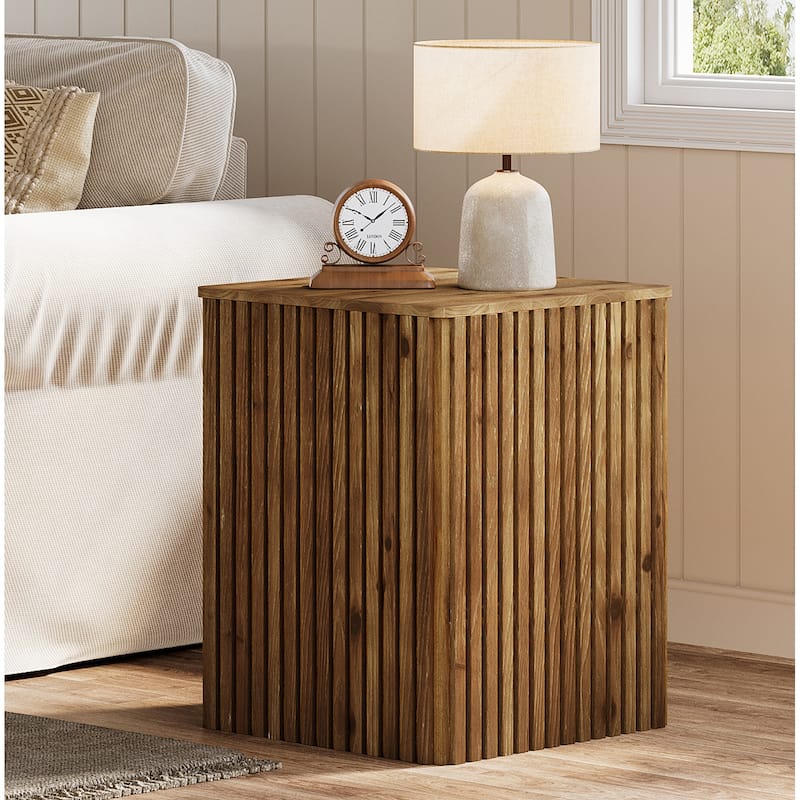 Solid Wood End Table, Fluted Side Table with Storage and Removable Lid - 18.9" D x 18.9" W x 24.21" H - Rustic Brown-1PC
