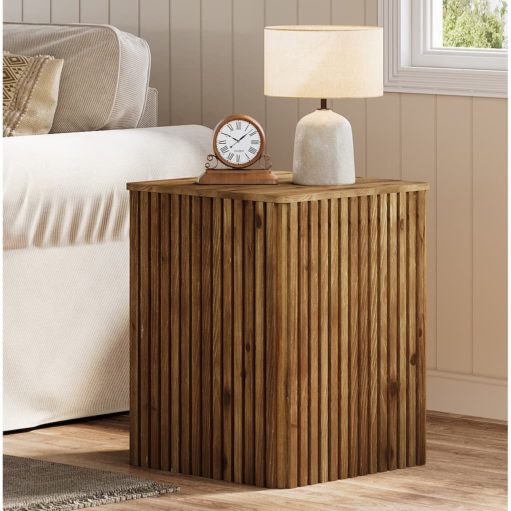 Solid Wood End Table, Fluted Side Table with Storage and Removable Lid - 18.9" D x 18.9" W x 24.21" H