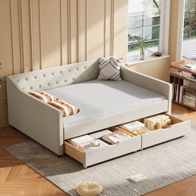 Full Size Upholstered Daybed with Drawers, Waved Arms and Tufted Back