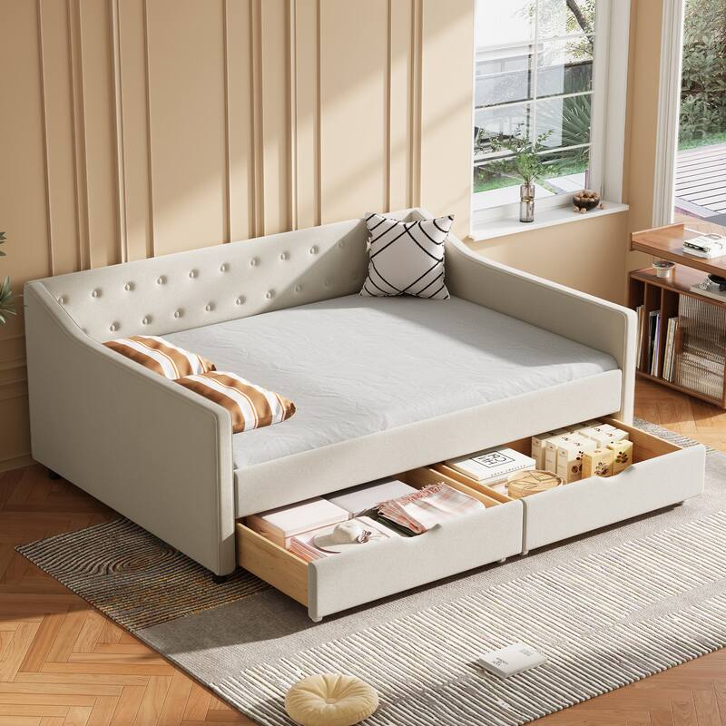 Linen Upholstered Daybed with 2 Drawers, Wooden Platform Sofa Bed Frame with Button Tufted Backrest, No Box Spring Needed