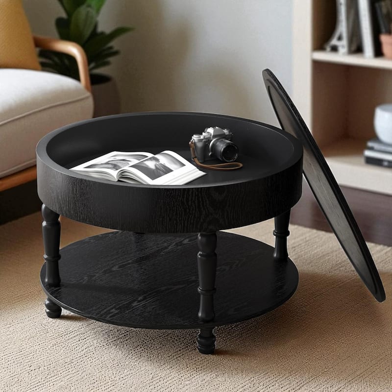 31.5" Round Coffee Table with Dual Storage, Modern 2-Tier Wood Accent Table with Hidden Compartment & Adjustable Feet
